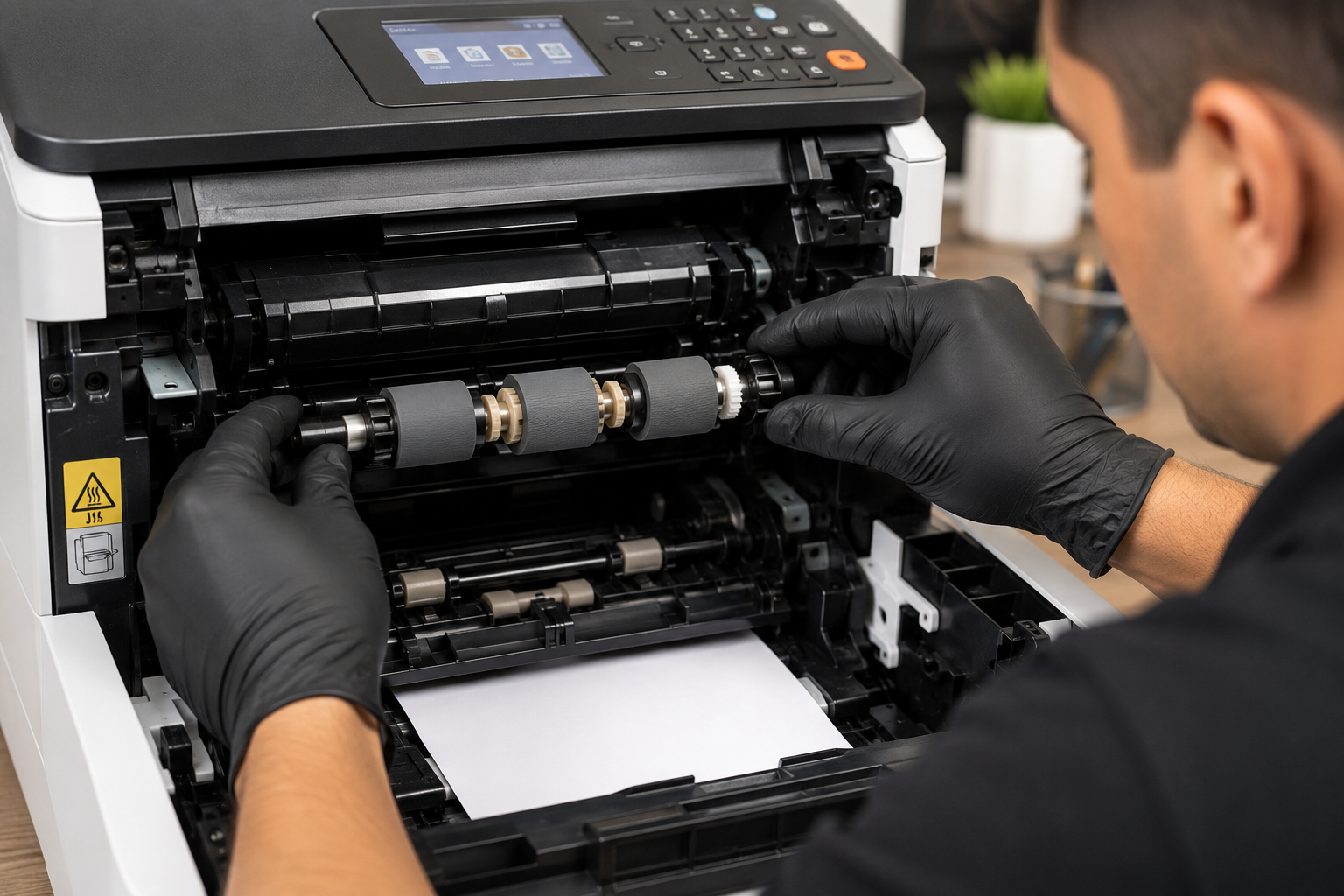 Close-up of printer pickup rollers being inspected to diagnose recurring paper jams.