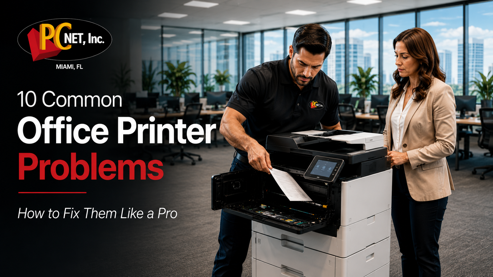 Office printer keeps jamming - PC Net Miami technician diagnosing a paper jam.