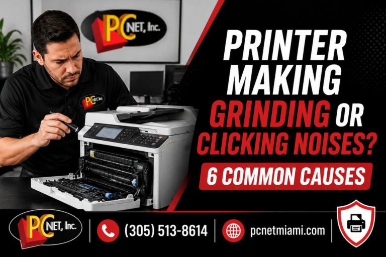 PC Net technician diagnosing a printer making grinding or clicking noises in a Miami office