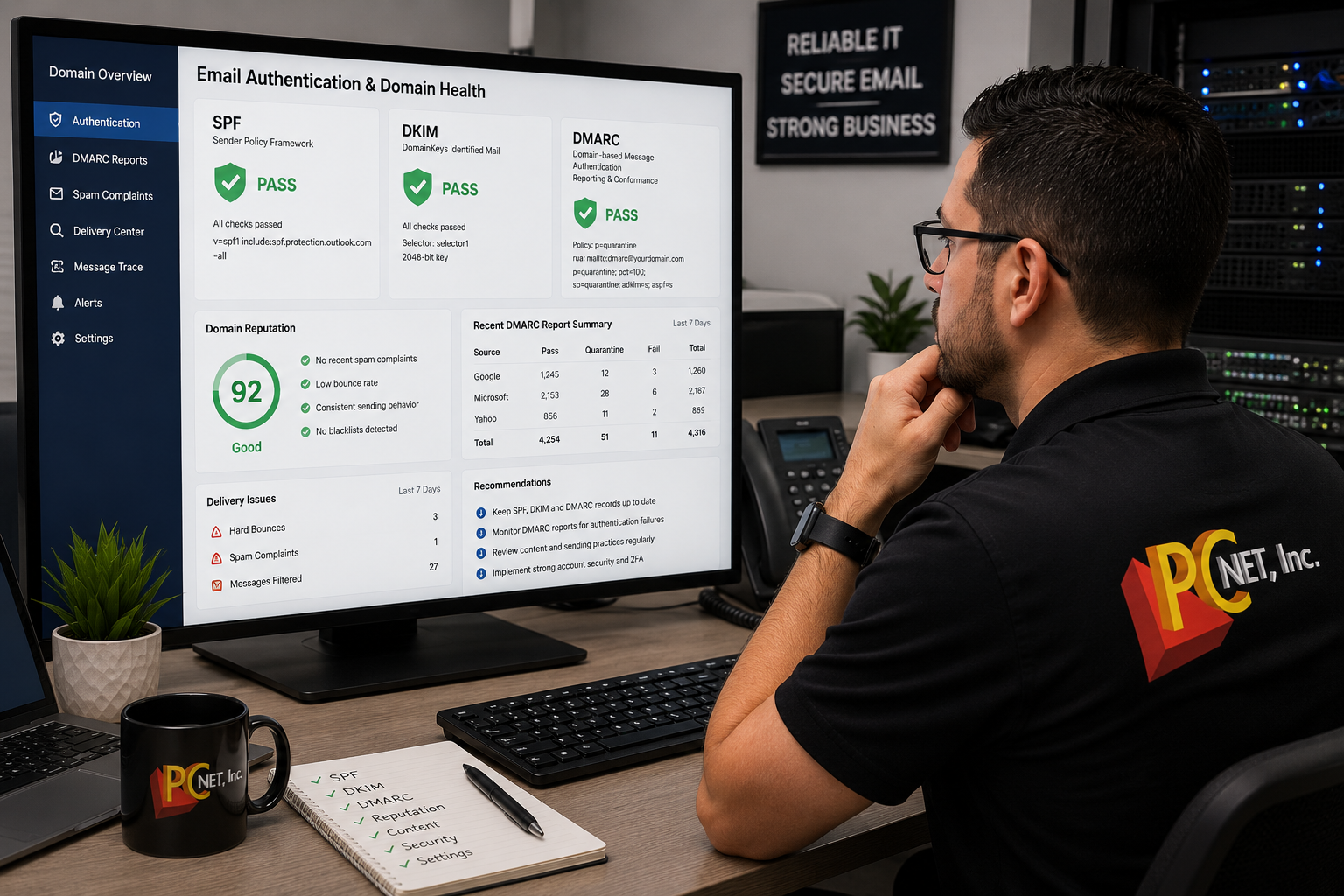 business-email-authentication-spf-dkim-dmarc-pc-net-miami PC Net technician checking SPF DKIM and DMARC settings for business email deliverability