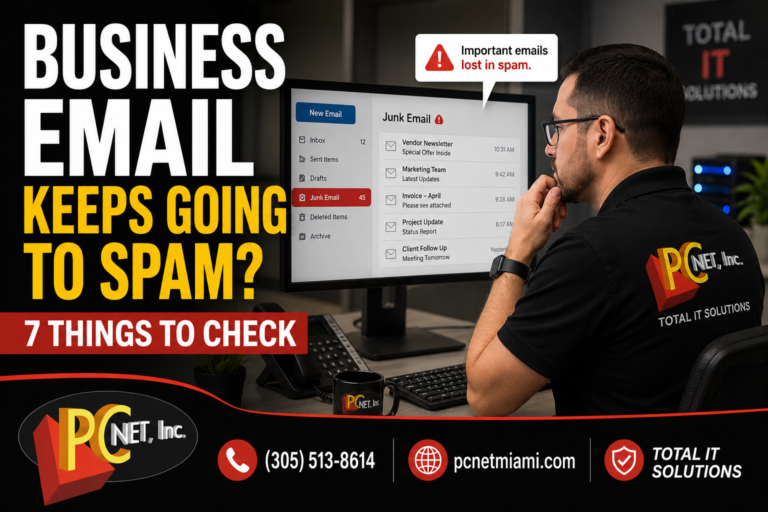 PC Net technician troubleshooting business email that keeps going to spam in a Miami office