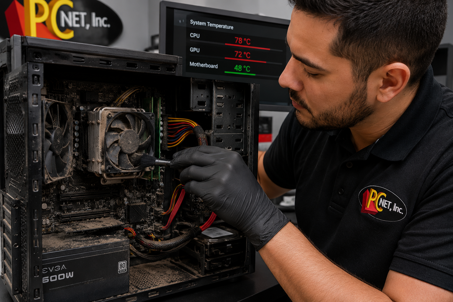 computer-overheating-diagnostics-pc-net-miami PC Net technician checking an overheating desktop computer that keeps shutting down or restarting