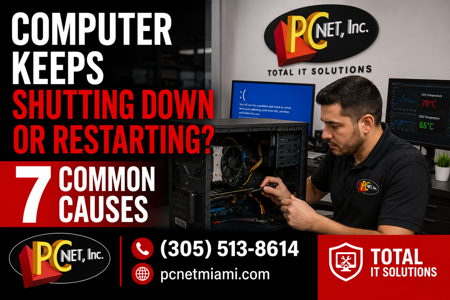 computer-shutting-down-restarting-pc-net-miami PC Net technician diagnosing a computer that keeps shutting down or restarting in a Miami office