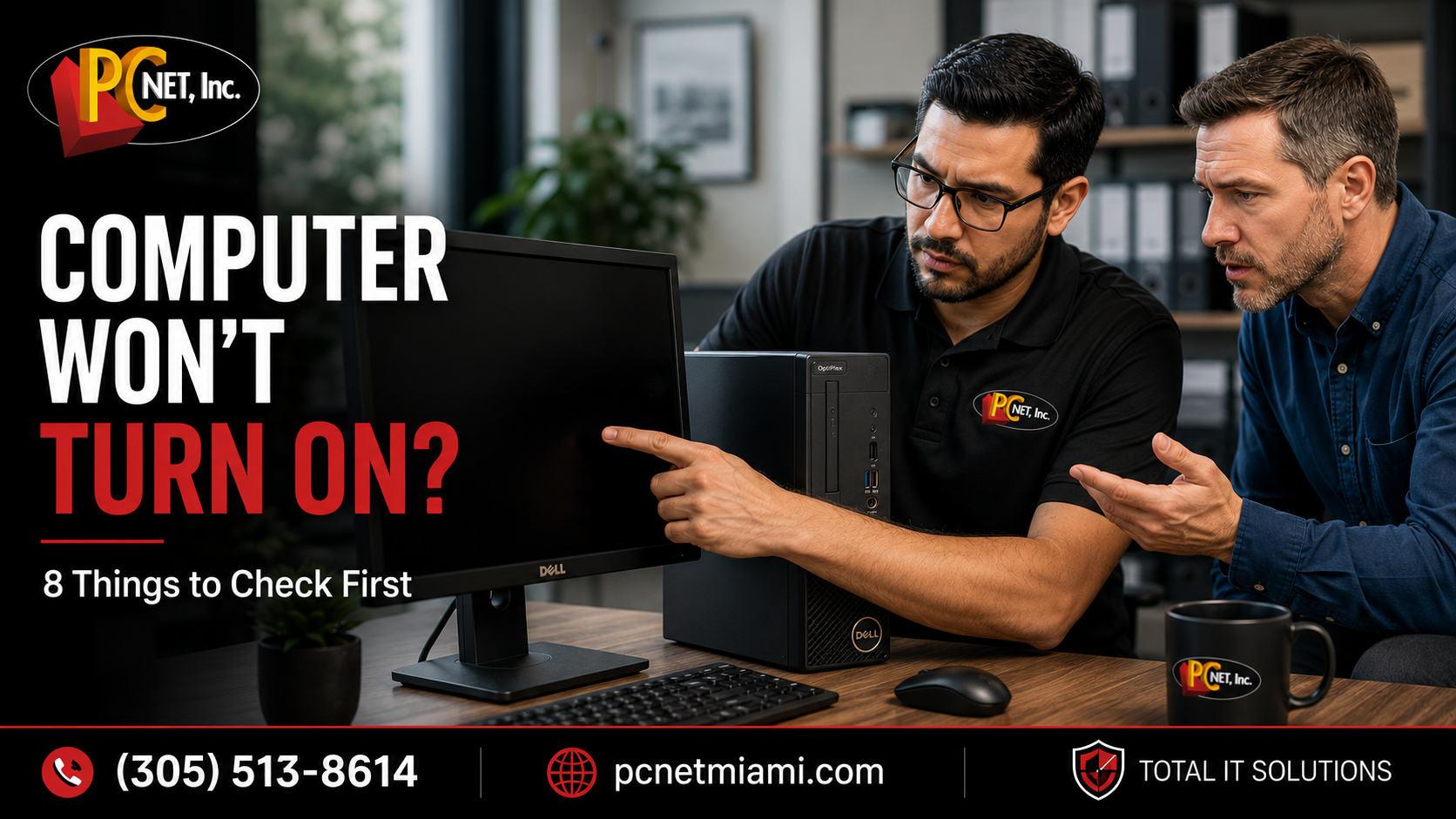 Computer Won't Turn On - PC Net Miami PC Net technician diagnosing a desktop computer that will not turn on in a business office