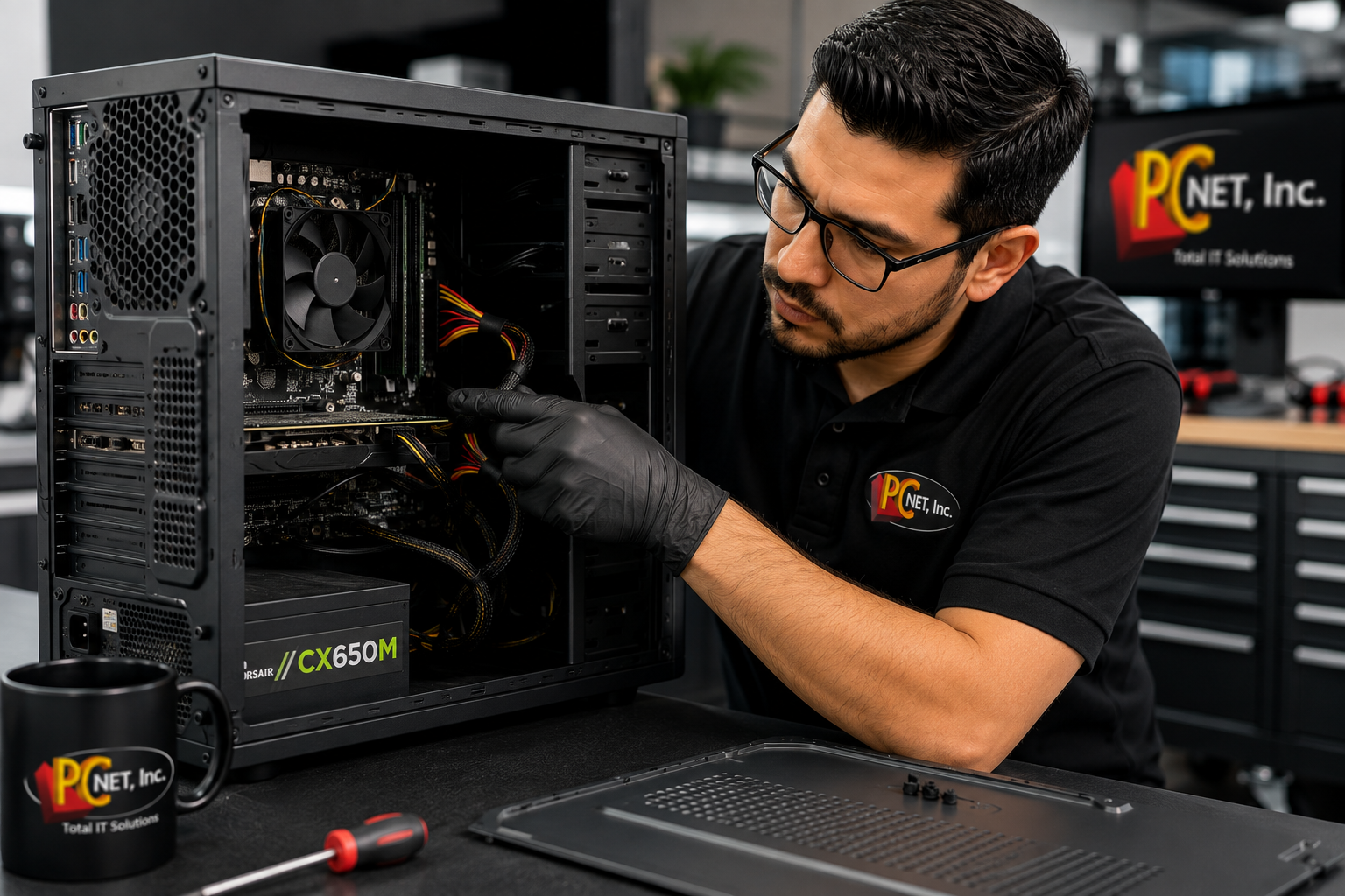 Desktop Computer Diagnostics - PC Net Miami PC Net technician inspecting the internal components of a desktop computer during diagnostics