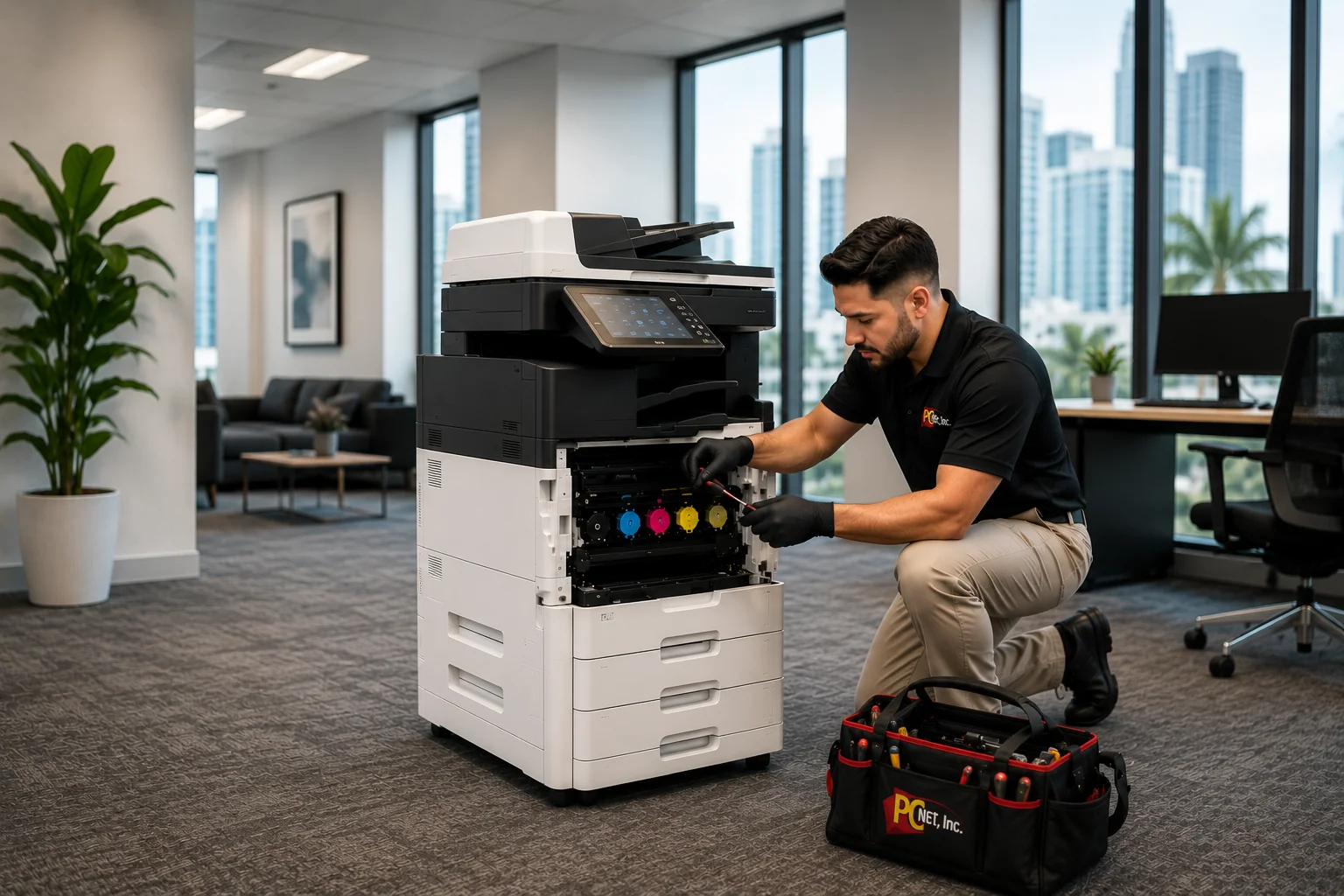 pc-net-onsite-printer-repair-miami Printer Repair Miami – PC Net technician providing on-site printer repair service