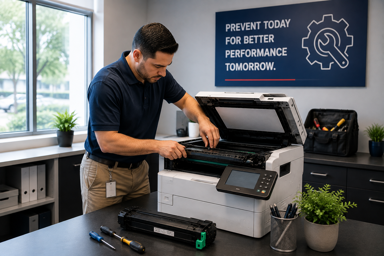 preventive-printer-maintenance-miami Technician performing preventive printer maintenance in Miami