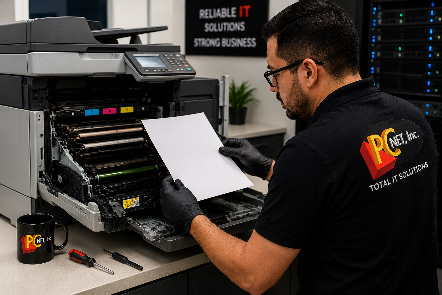 printer-blank-pages-diagnostics-pc-net-miami PC Net technician diagnosing a printer printing blank pages and inspecting internal components