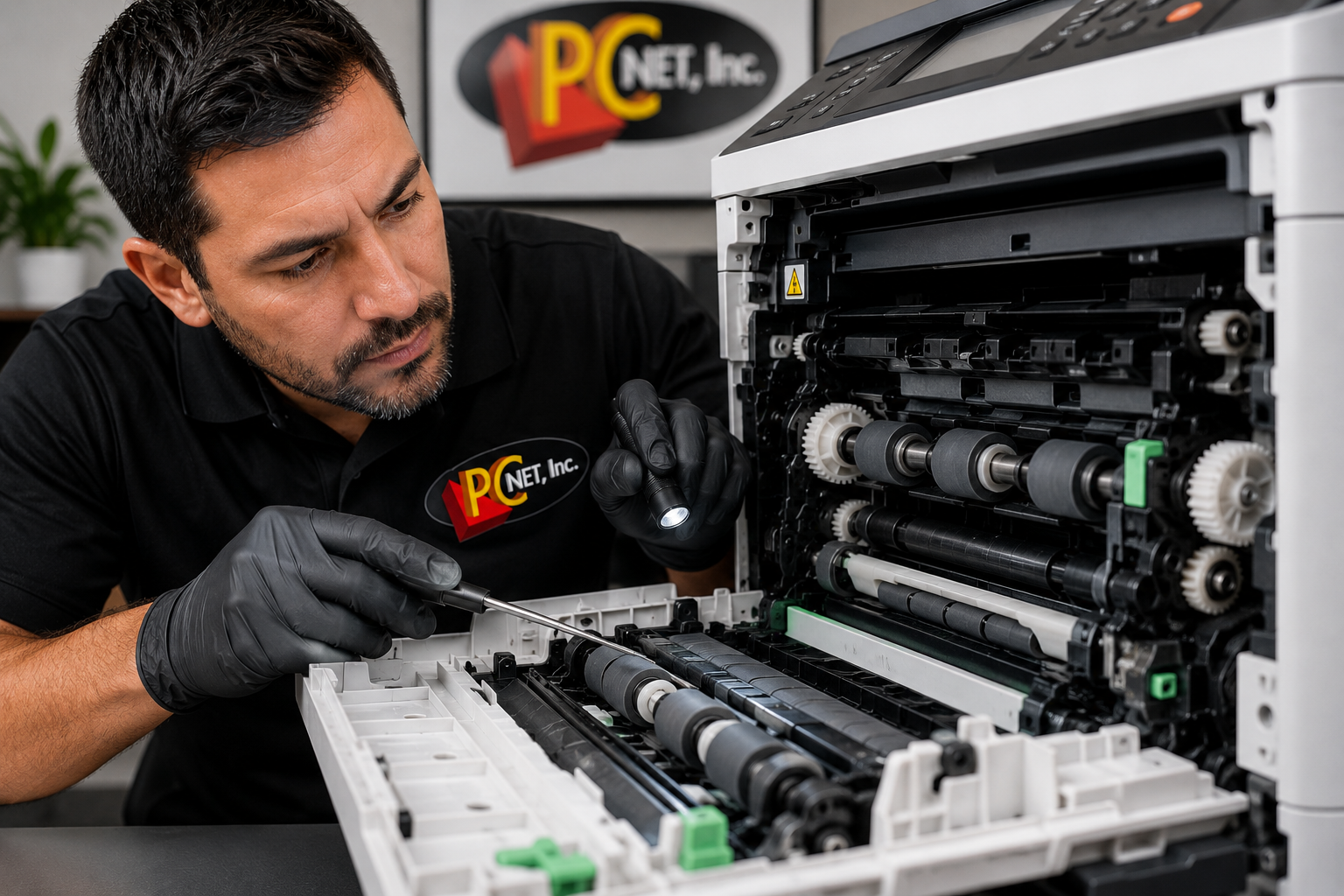 printer-grinding-noise-rollers-gears-pc-net-miami PC Net technician inspecting printer rollers and gears for grinding or clicking noises