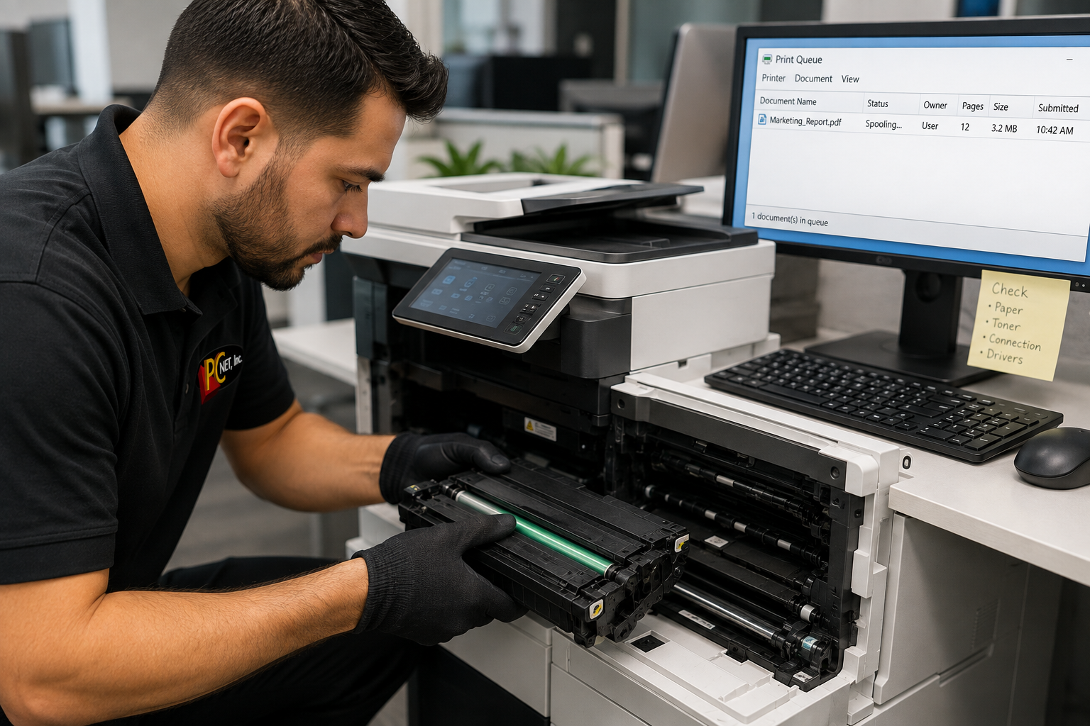 Printer Not Printing Diagnostics - PC Net Miami PC Net technician diagnosing a printer not printing in a Miami office