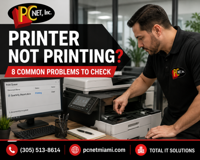 PC Net technician troubleshooting a printer not printing in a Miami office