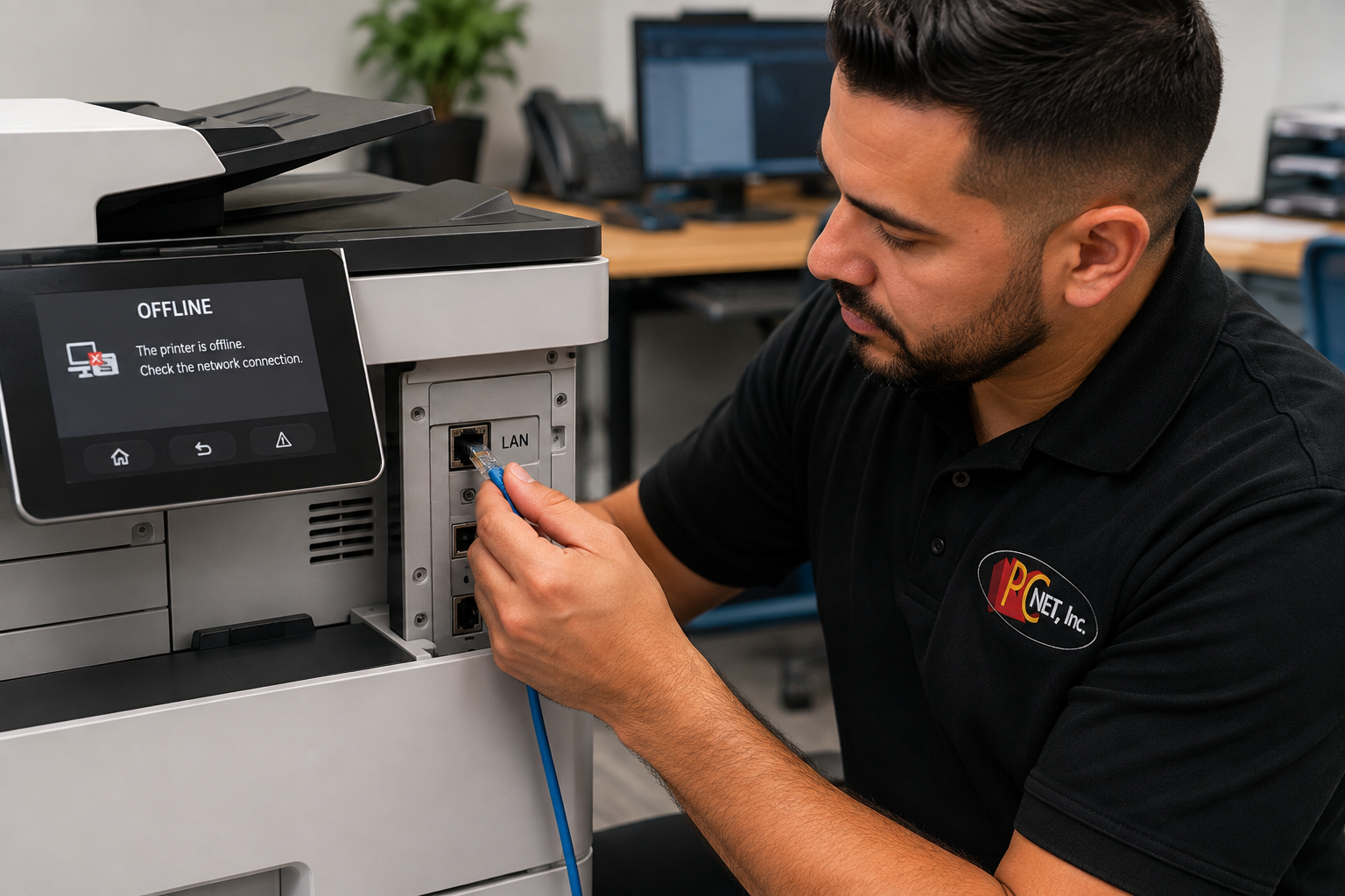 PC Net technician checking the network connection on an offline office printer