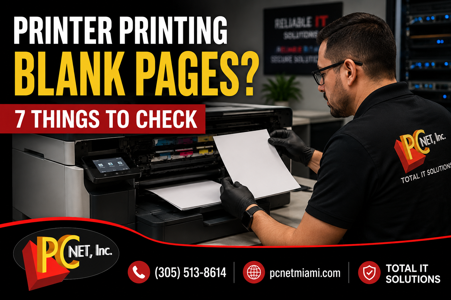 printer-printing-blank-pages-pc-net-miami PC Net technician troubleshooting a printer printing blank pages in a Miami office