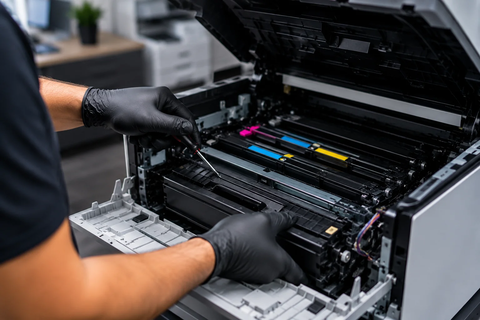 printer-repair-miami-technician Professional printer repair technician servicing an office printer in Miami