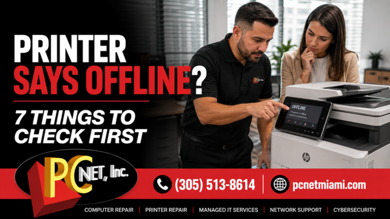 PC Net technician troubleshooting a printer that says offline in a Miami office