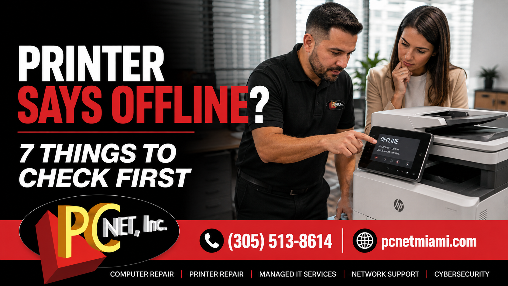PC Net technician troubleshooting a printer that says offline in a Miami office