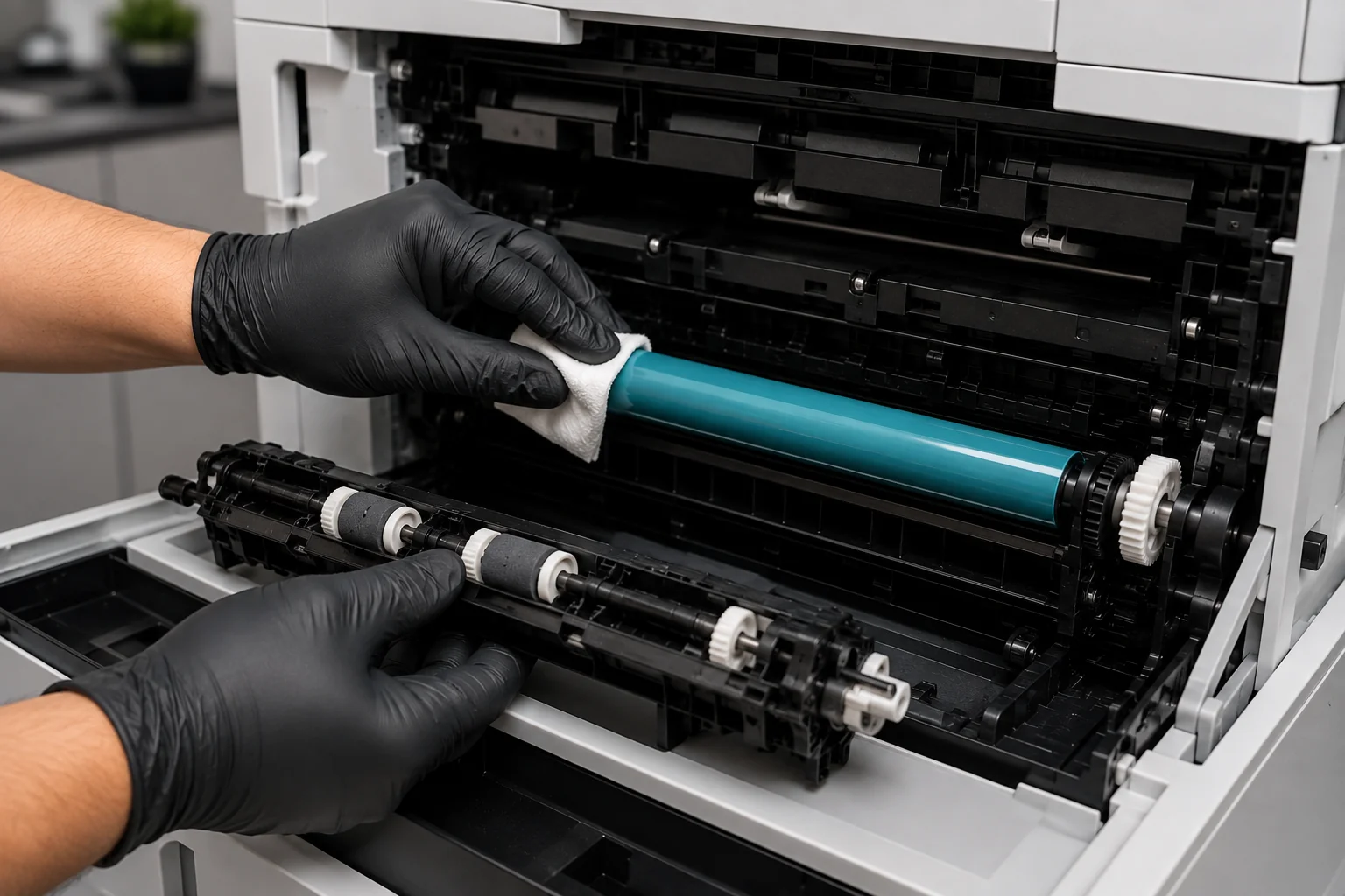 professional-printer-maintenance-service-miami Professional printer maintenance technician cleaning internal printer components