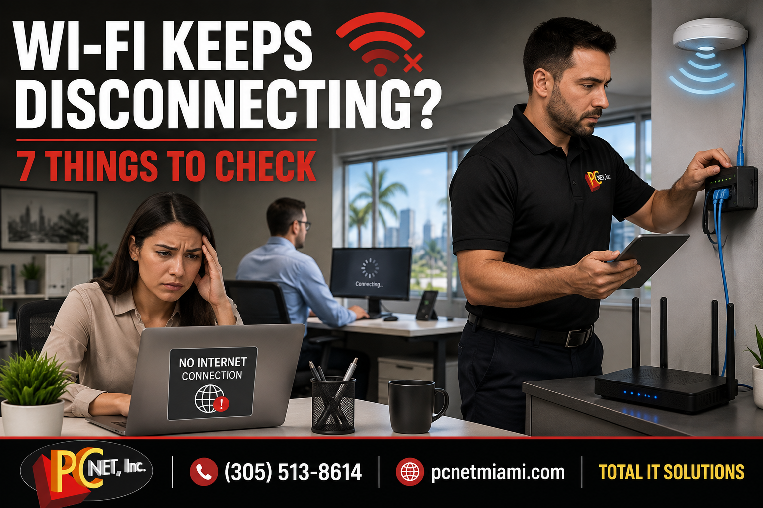 PC Net technician troubleshooting Wi-Fi that keeps disconnecting in a Miami office