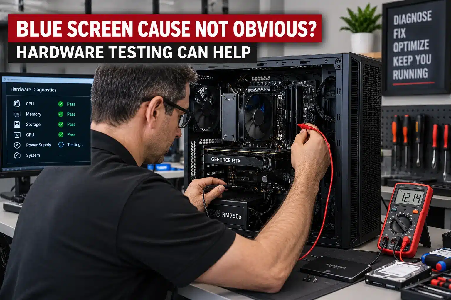 blue-screen-hardware-diagnostics-pc-net Technician testing computer hardware for causes of blue screen errors