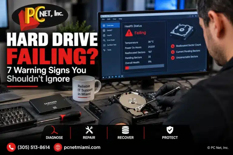 Hard drive failing warning signs diagnosed by a computer technician