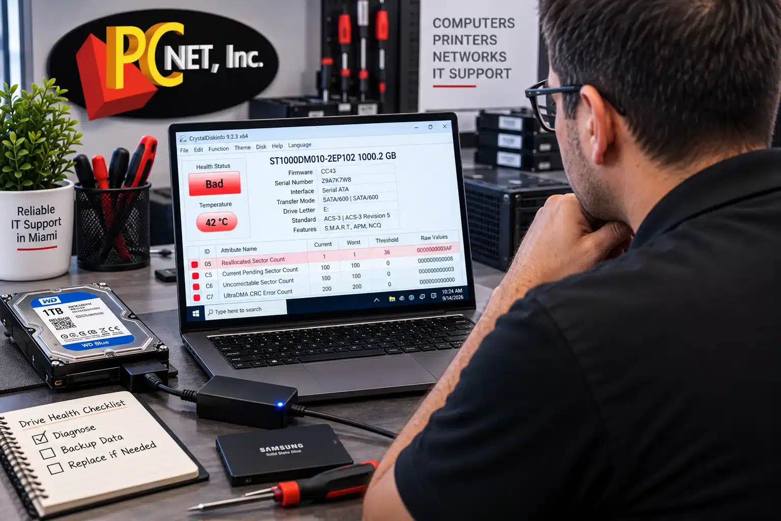 hard-drive-smart-diagnostics-pc-net Technician checking SMART diagnostics for a failing hard drive