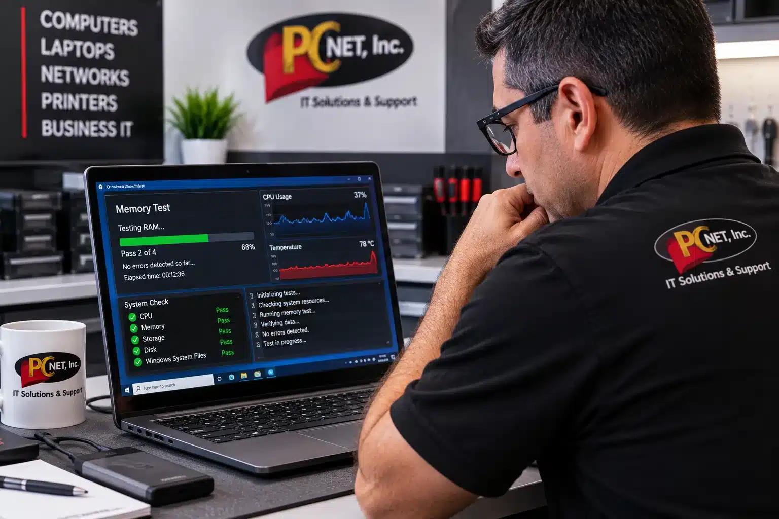 laptop-freezing-crashing-diagnostics-pc-net Technician diagnosing laptop freezing and crashing problems