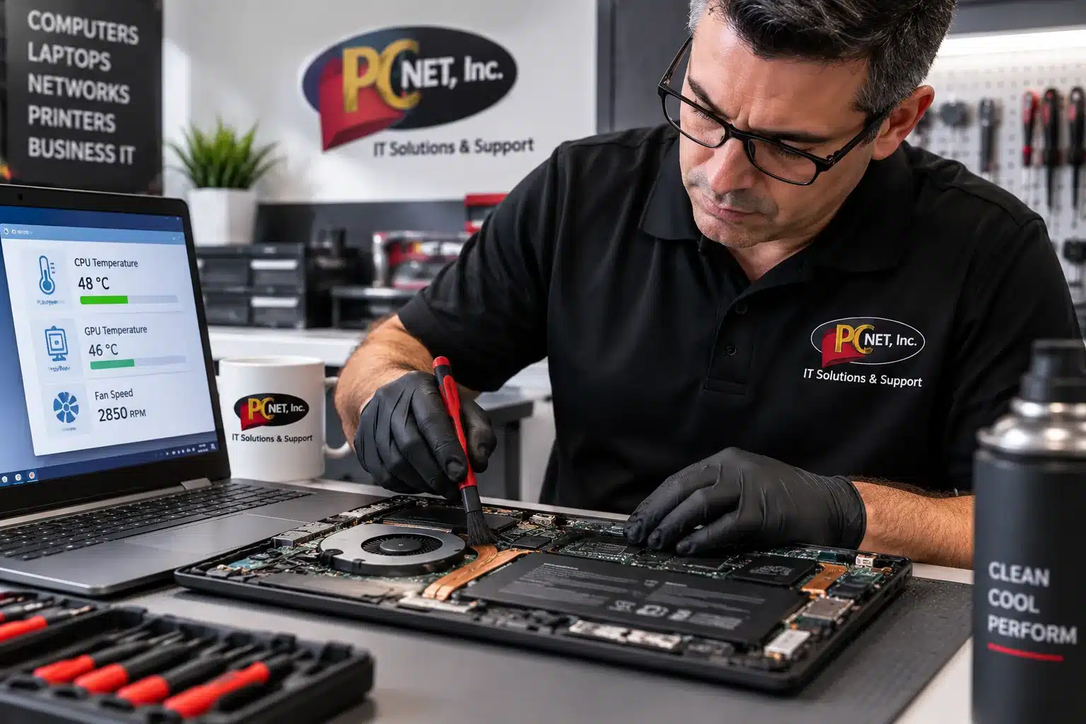 laptop-overheating-diagnostics-pc-net Technician diagnosing laptop overheating and cooling problems