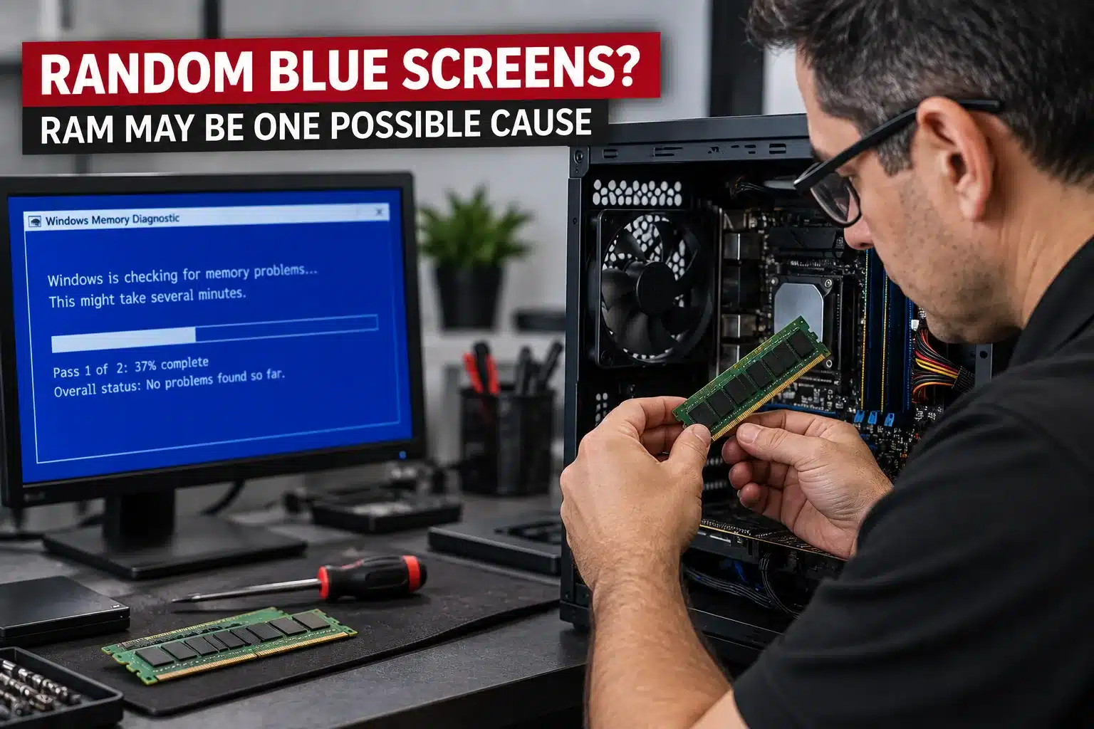 ram-blue-screen-diagnostics-pc-net Technician testing RAM as a possible cause of Windows blue screen errors