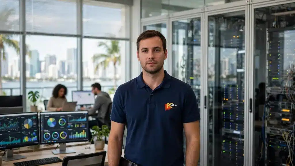 MSP Miami Managed IT services (MSP) in Miami — PC Net, Inc. technician monitoring client networks and servers