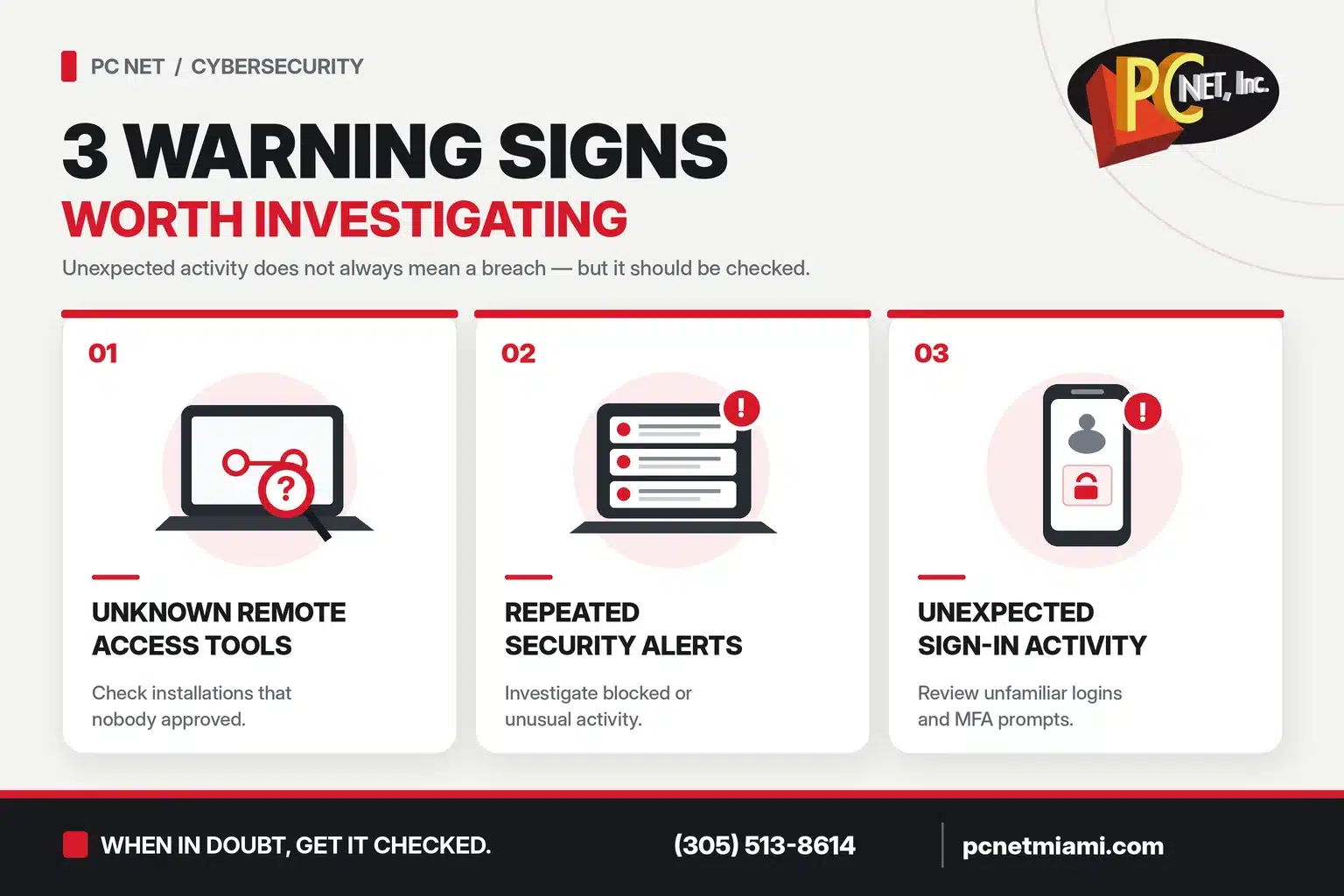 PCNet_Warning_Signs PC Net infographic showing three warning signs of unauthorized remote access: unknown remote access tools, repeated security alerts, and unexpected sign-in activity.