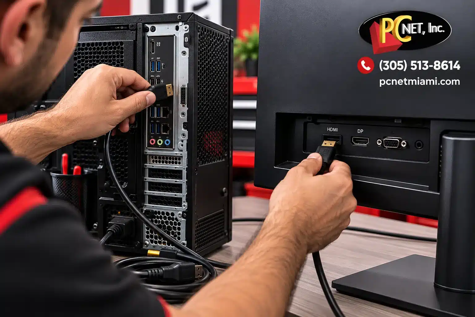 computer-no-display-check-monitor-cables-pc-net-miami Technician checking HDMI video cable connections between a desktop computer and monitor while troubleshooting a computer with no display.