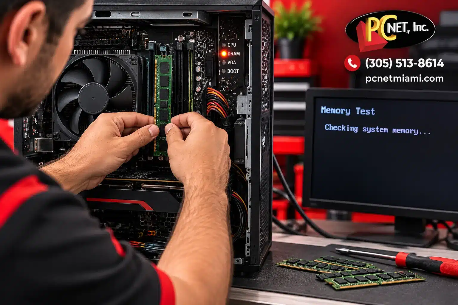 computer-no-display-ram-hardware-diagnostics-pc-net-miami PC Net technician inspecting RAM modules and motherboard diagnostic lights while troubleshooting a desktop computer with no display.