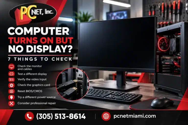 Computer turns on but no display, showing a black monitor and powered-on desktop PC at a repair workstation. Copy
