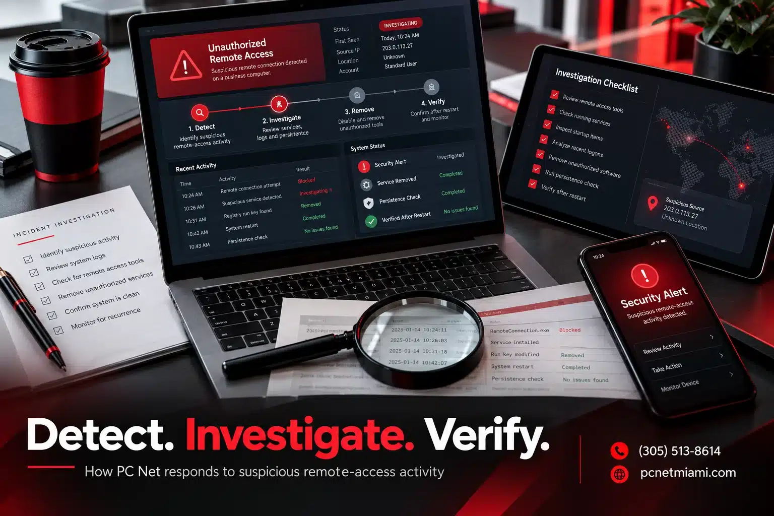 detect-investigate-verify-pc-net PC Net incident response visual showing detection, investigation, and verification steps for suspicious remote access activity on a business computer.