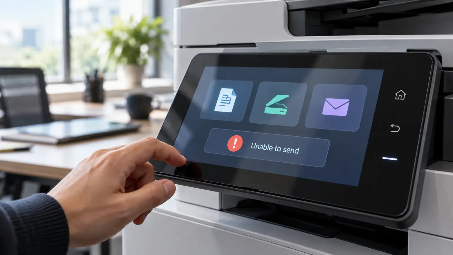 Printer Scan to Email Error Close-up of an office multifunction printer touchscreen showing a scan to email sending error