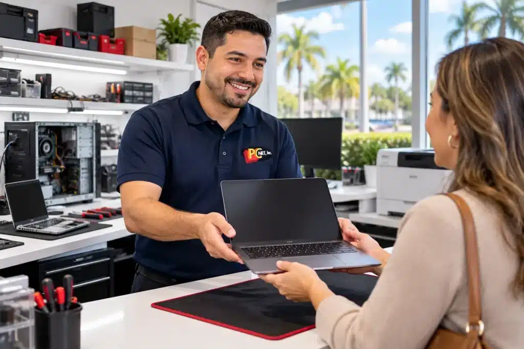 Computer and Printer Repair Hialeah โ PC Net Technician returning a repaired laptop to a customer after Hialeah computer repair at PC Net