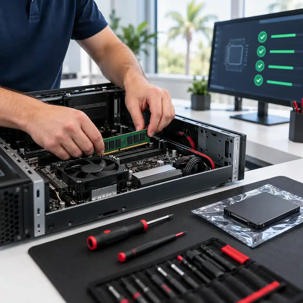 pc-net-desktop-ram-installation-miami Technician installing new RAM in a desktop computer during computer repair in Miami at PC Net