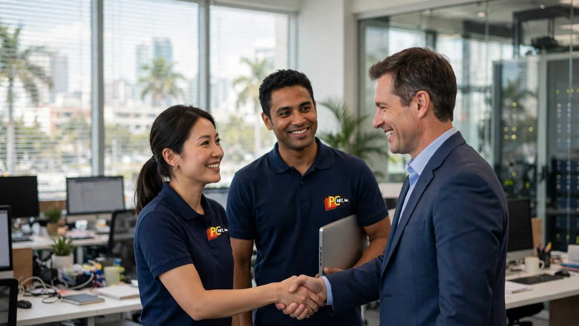 PC Net, Inc. technicians shaking hands with a Miami business owner — trusted IT support, computer and printer repair team