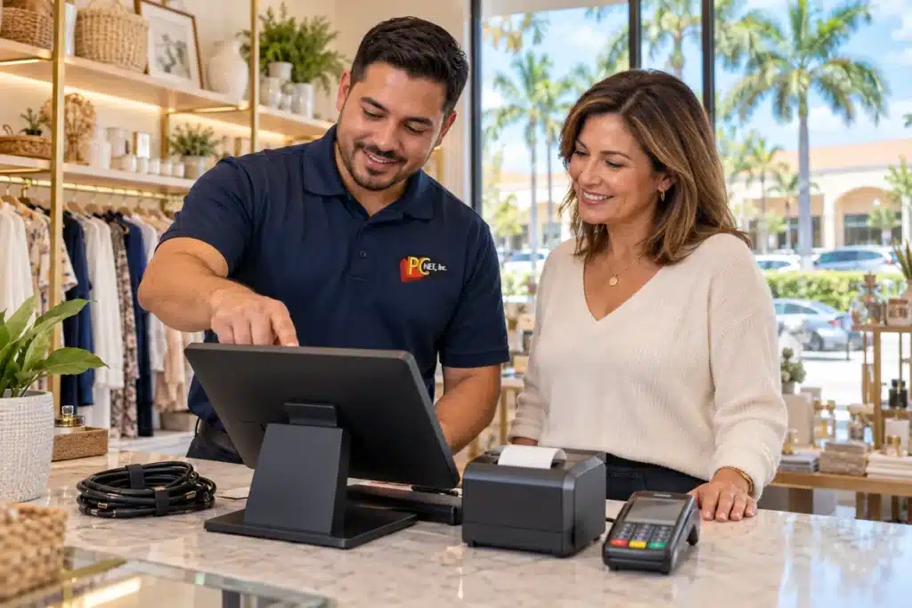 IT Support for Kendall Businesses โ PC Net PC Net technician setting up a checkout computer and receipt printer for a Kendall small business