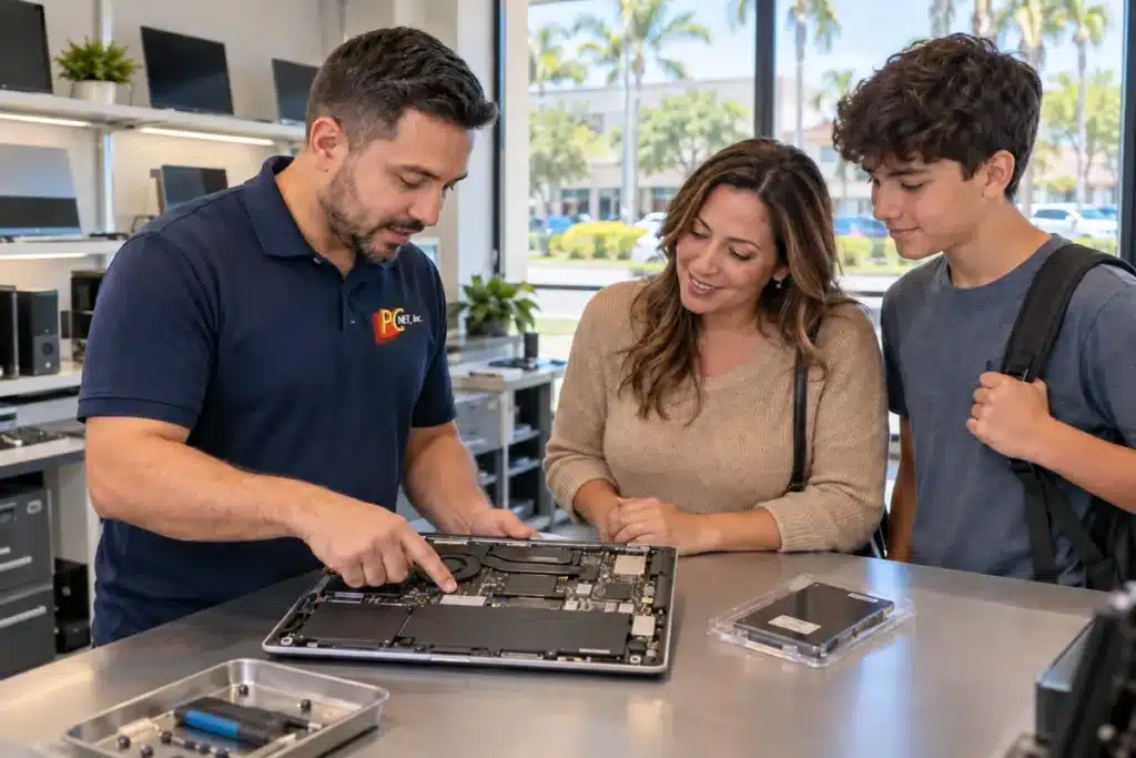 Kendall Computer Repair โ PC Net Technician explaining a laptop repair to a family during Kendall computer repair at PC Net