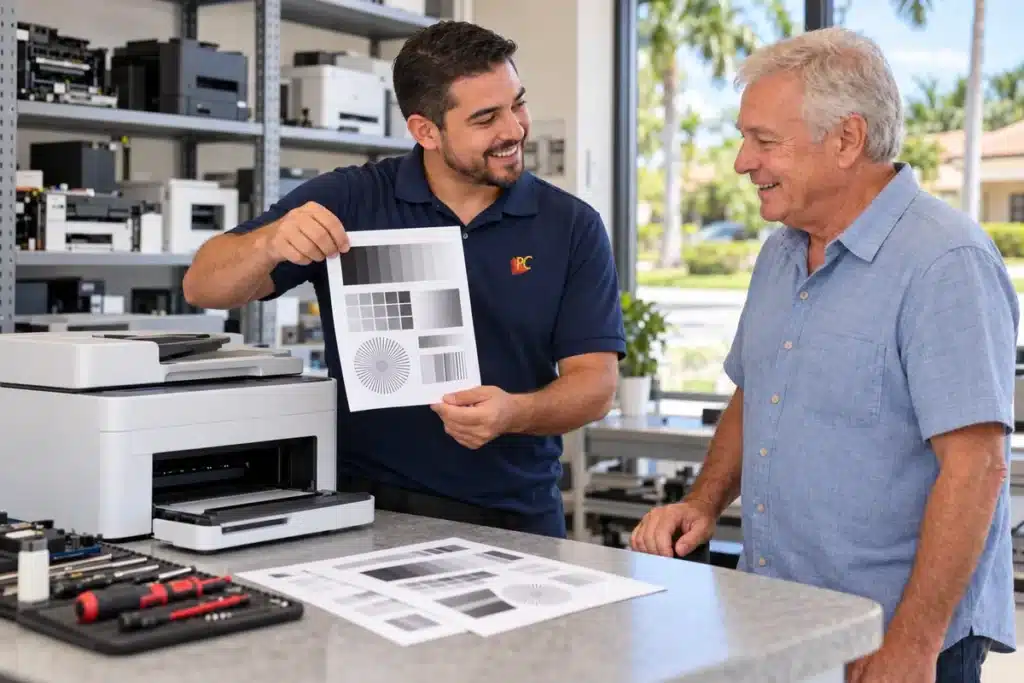 Kendall Printer Repair โ PC Net Technician showing a clean test page to a customer after Kendall printer repair at PC Net