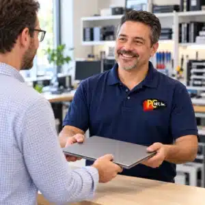 pc-net-laptop-repair-drop-off-miami Customer handing a laptop to a technician wearing a PC Net logo polo at a computer repair service counter