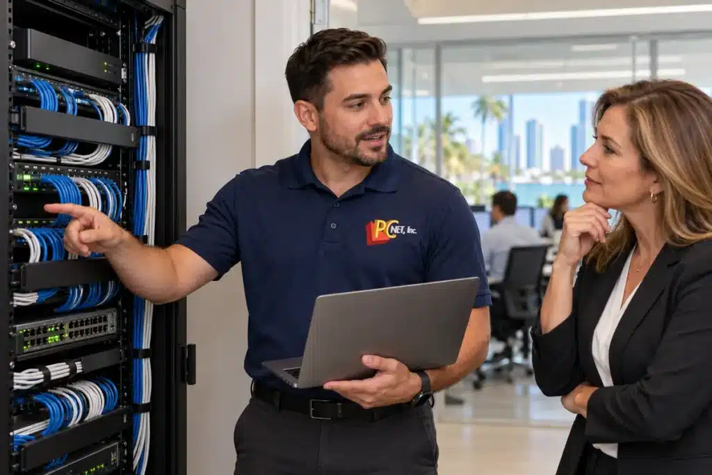 PC Net technician reviewing a business network rack with an office manager during managed IT services in Miami