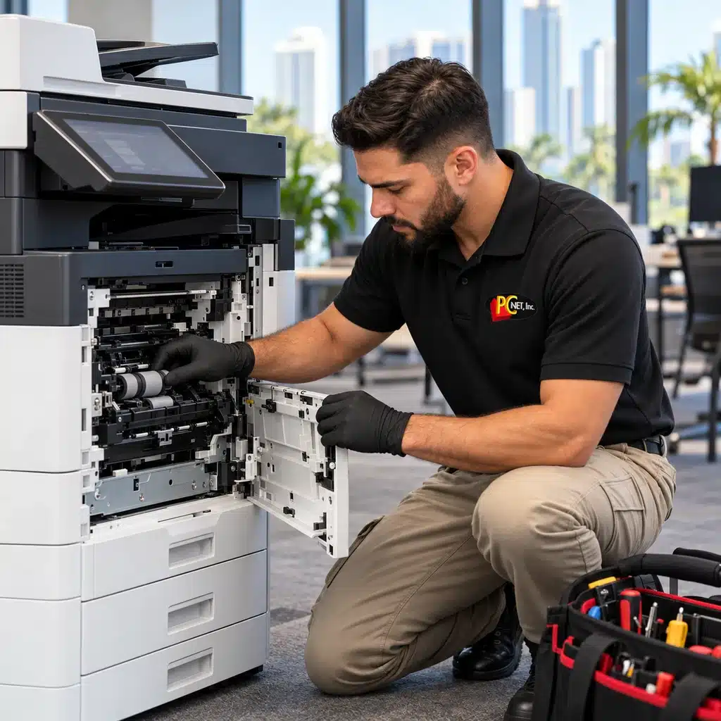 Technician wearing a PC Net logo polo repairing an office copier in Miami