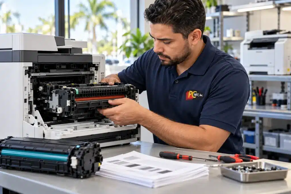 Printer Repair Hialeah โ PC Net Technician replacing a part inside an office laser printer during printer repair for Hialeah customers at PC Net