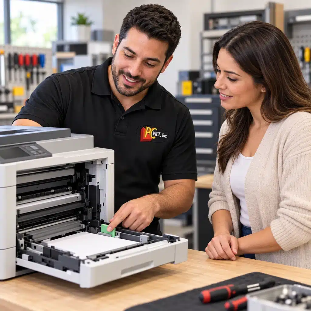 pc-net-printer-repair-questions-miami Technician wearing a PC Net logo polo explaining a printer paper-feed issue to a customer