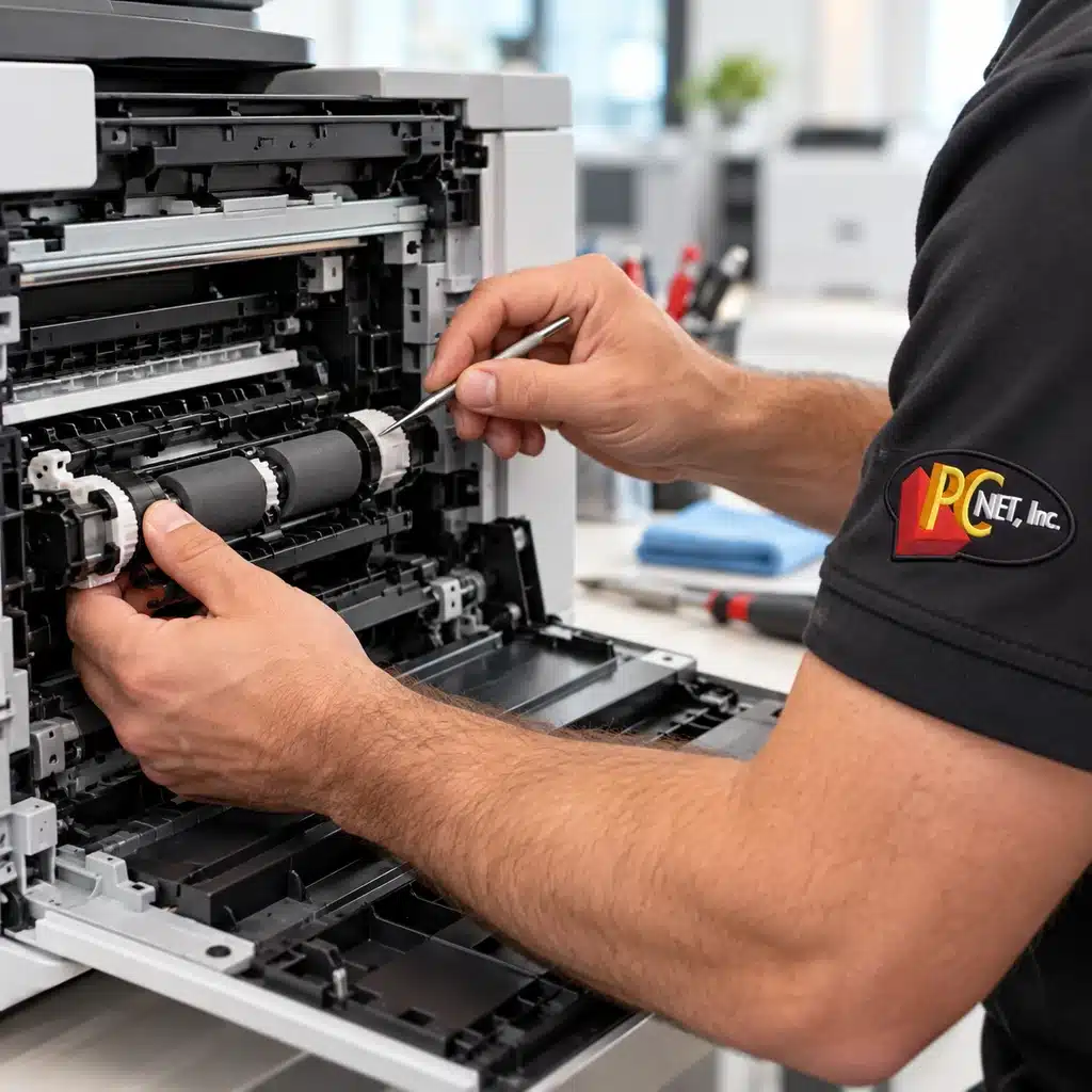 pc-net-printer-roller-repair-miami Close-up of a technician wearing a PC Net logo polo servicing printer paper-feed rollers