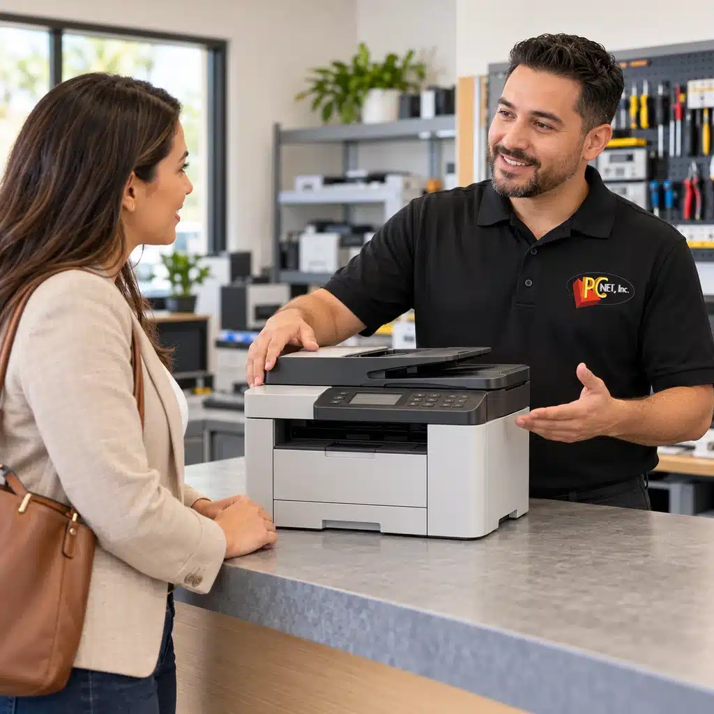 pc-net-printer-service-counter-miami Customer discussing printer repair at a service counter with a technician wearing a PC Net logo polo
