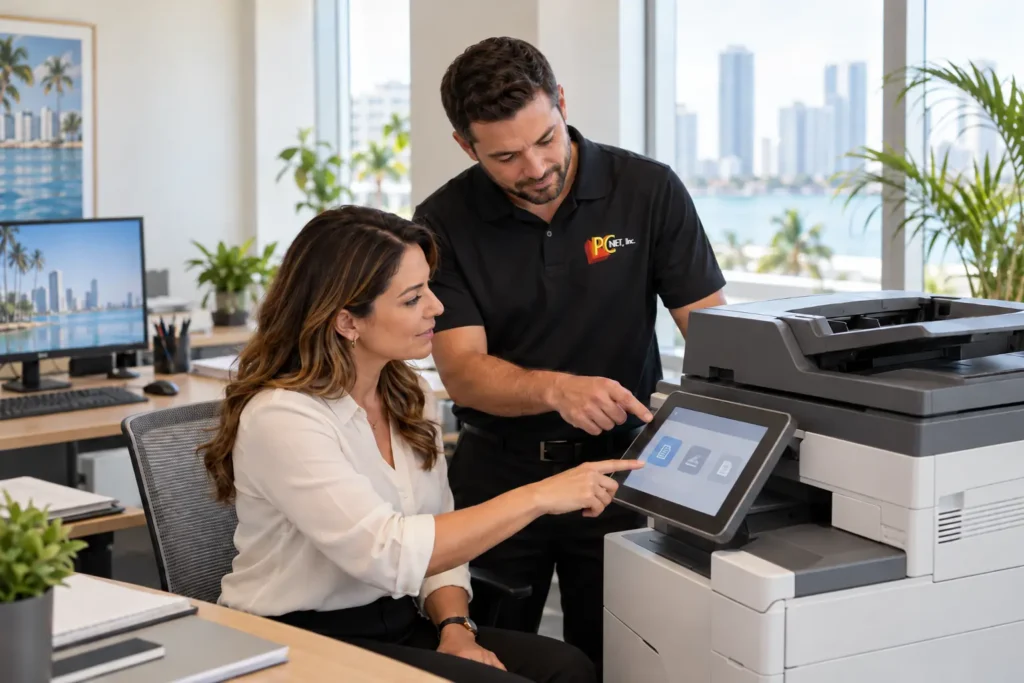 Technician and office manager reviewing the control panel of a multifunction printer in a Miami office