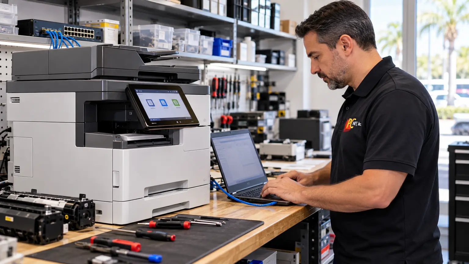 Technician Updating Office Printer Firmware Technician updating the firmware of an office multifunction printer at a repair bench